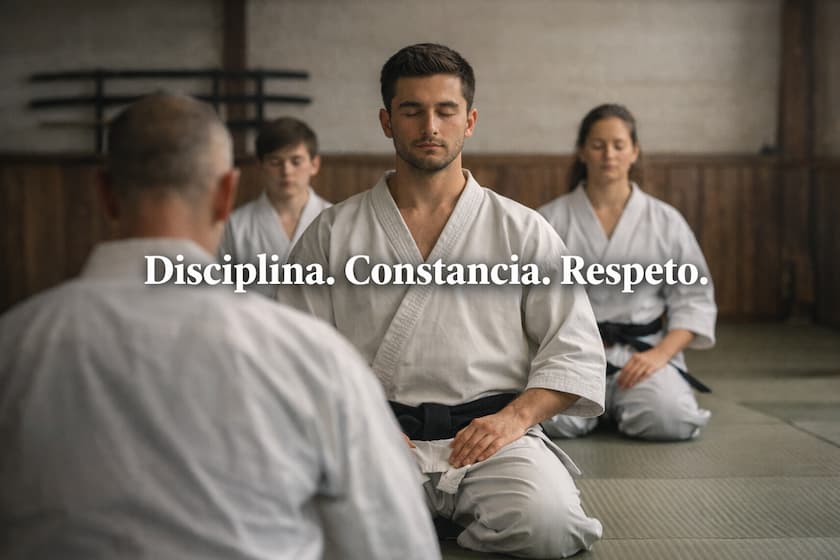 Practicantes de artes marciales en posición seiza durante un momento de concentración en el dojo